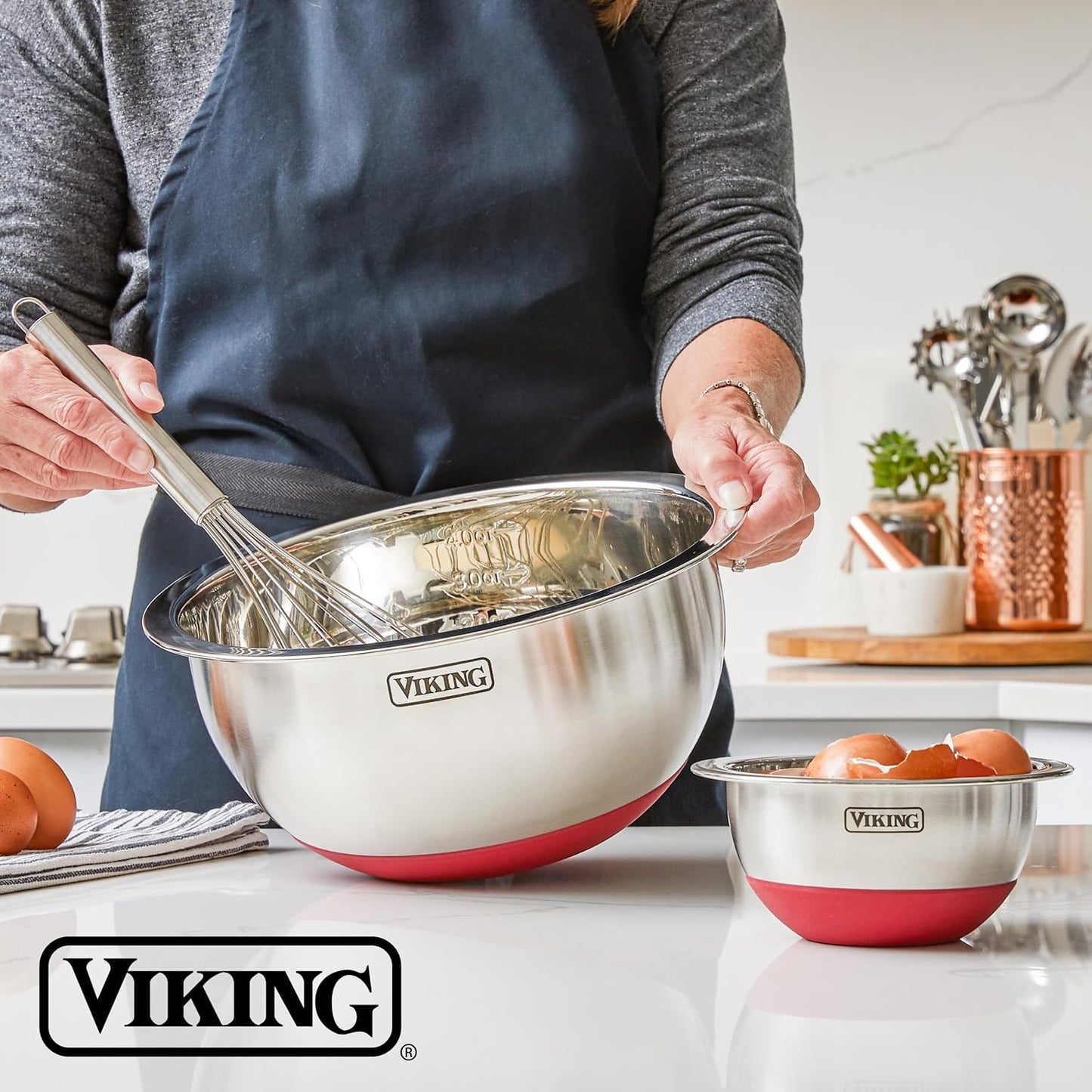 Viking Mixing Bowls Set, 10 Piece Stainless Steel Kitchen Cookware, Non-Slip Silicone Base, Includes Tight Fit Lids, Dishwasher Safe, Grey