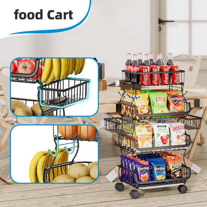 Simple Trending 4 Tier Rolling Cart, Stackable Fruit Vegetable Basket with Wheels and 2 Hanging Basket, Kitchen Storage Metal Wire Basket Stand for Vegetable Snacks, Black