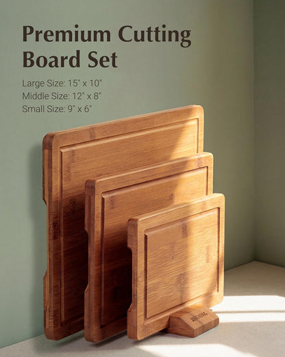 JINGNING Deep-Carbonized Bamboo Cutting Board Set for Kitchen with Wood Storage Stand, Deep Juice Grooves, Easy-Grip Handles & Non-Slip Pads, Premium Kitchen Gift