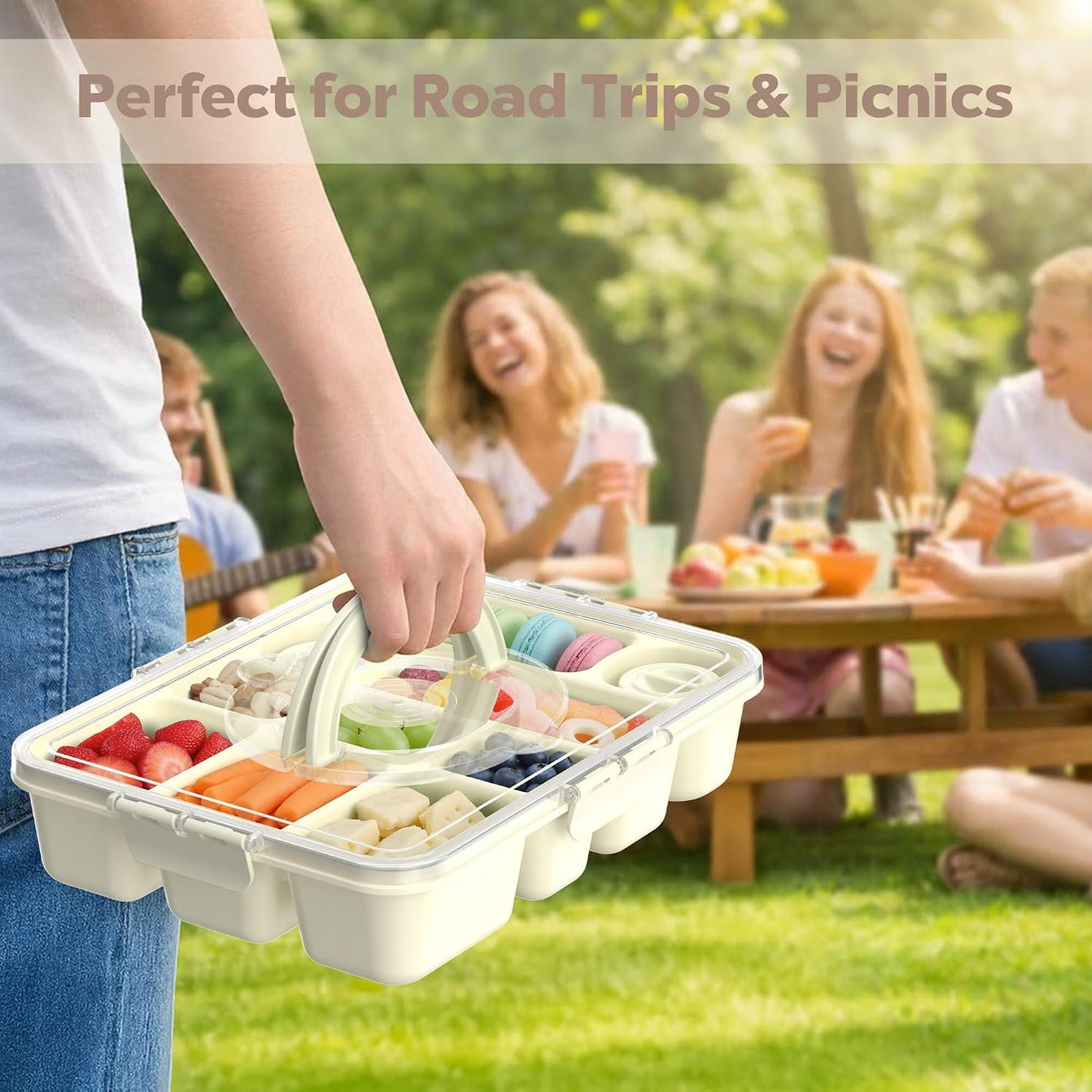 Snackle Box Container for Adults with 10 Compartment, Divided Serving Tray with Lid and Handle and 2 Sauce Containers, Portable Snack Box Container for Charcuterie Party Travel, Purple