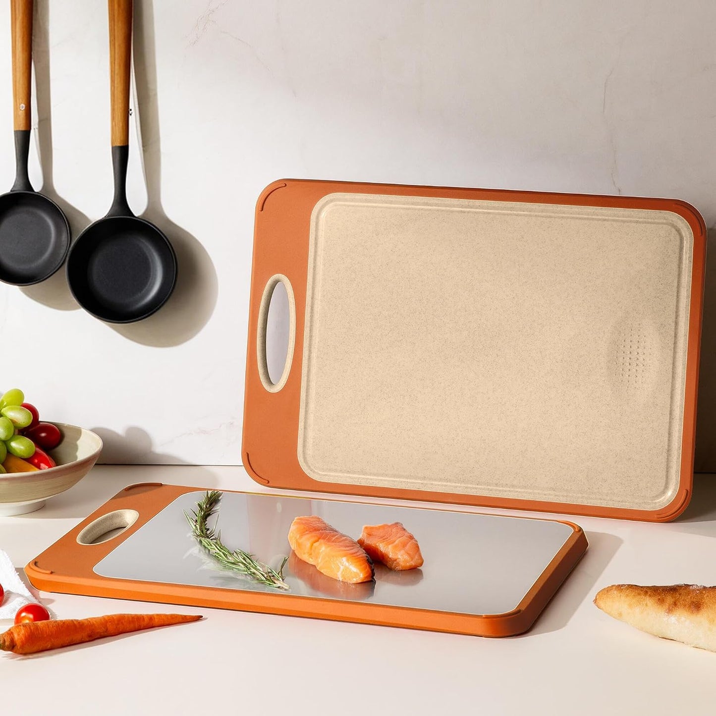 2 Packs Stainless Steel Cutting Board Set, Best Non Toxic Cutting Boards for Kitchen, Double Sided Metal Chopping Board for Meat/Fruit/Vegetables, Food Grade Kitchen Set Gift, [16”×11”+18”×12” Inch]