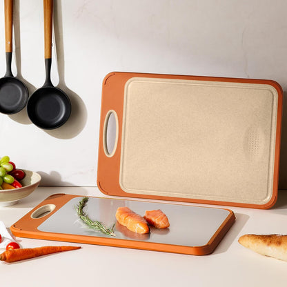 2 Packs Stainless Steel Cutting Board Set, Best Non Toxic Cutting Boards for Kitchen, Double Sided Metal Chopping Board for Meat/Fruit/Vegetables, Food Grade Kitchen Set Gift, [16”×11”+18”×12” Inch]