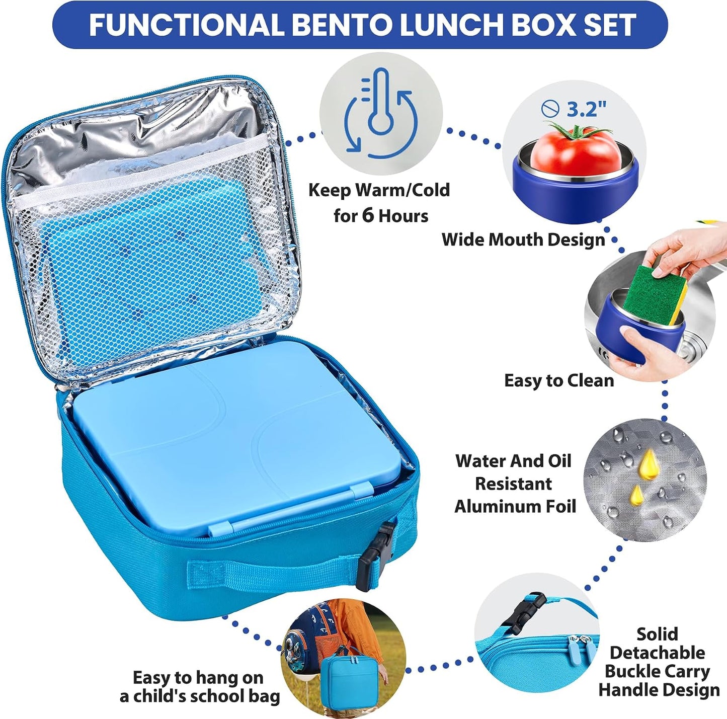 Bento Lunch Box with 8oz Soup Thermo,Kids Leakproof 4 Compartment Lunch Food Containers with Sauce Cup and Ice Pack,Kids Thermo Insulated Hot Food Jar and Lunch Bag for School,Trvael-Black