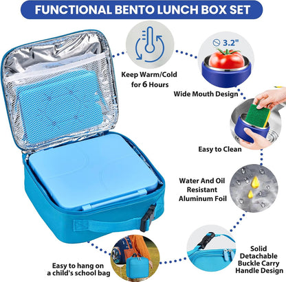 Bento Lunch Box with 8oz Soup Thermo,Kids Leakproof 4 Compartment Lunch Food Containers with Sauce Cup and Ice Pack,Kids Thermo Insulated Hot Food Jar and Lunch Bag for School,Trvael-Black