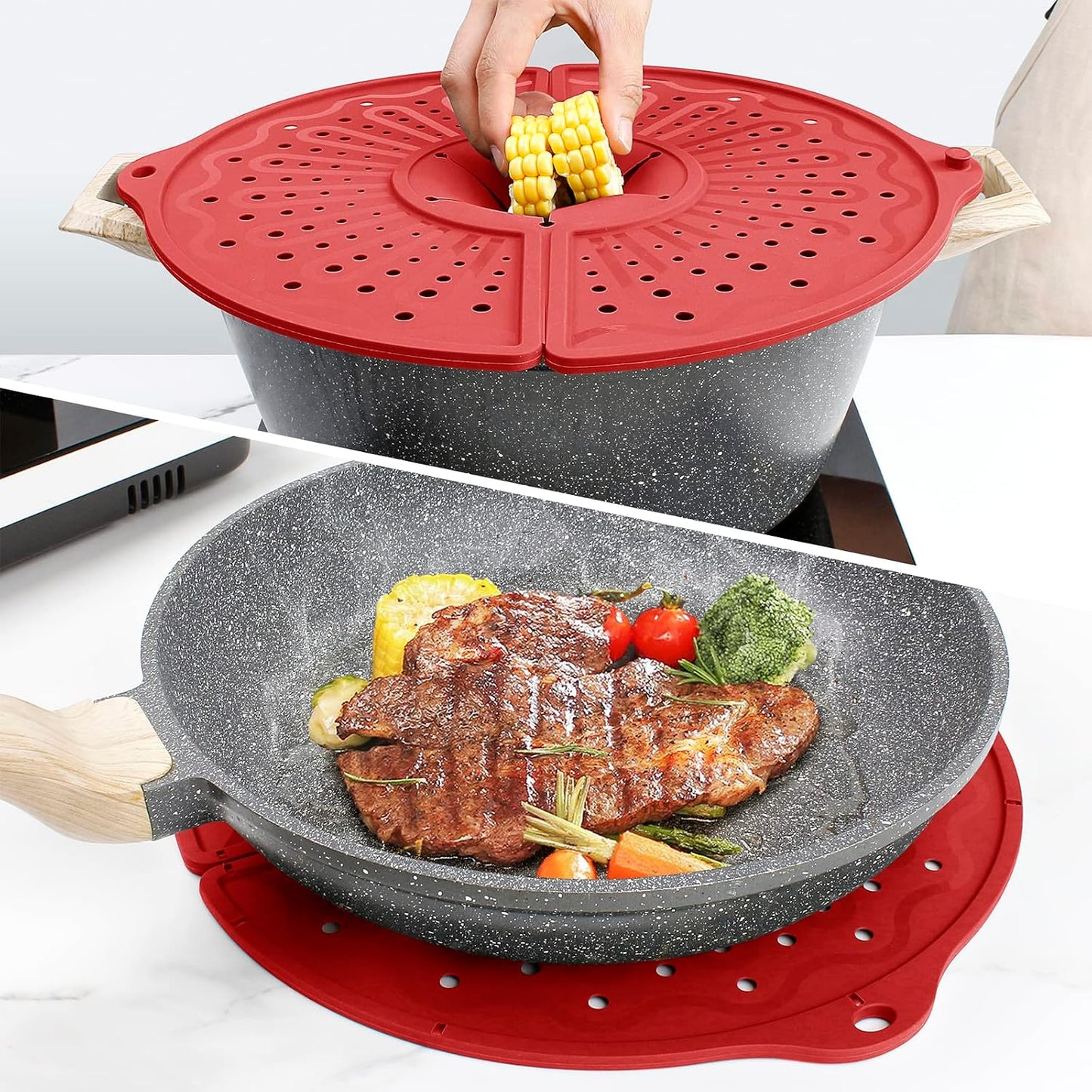 Foldable Silicone Splatter Screen for 10-12" Pans, BPA-Free, Gray | Foldable Splash Guard, Multi-Use Grease Splatter Guard/Trivet Mat,Non-Stick Oil Splatter Guard, Dishwasher Safe