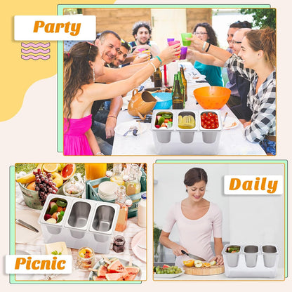3 Containers Ice Chilled Condiment Caddy 30.5 oz Stainless Steel Serving Dish with Lids (3.75 Cup) for Bar Cold Accessories Hummus Fruit Salad Sauces Party Restaurant Serving Supply