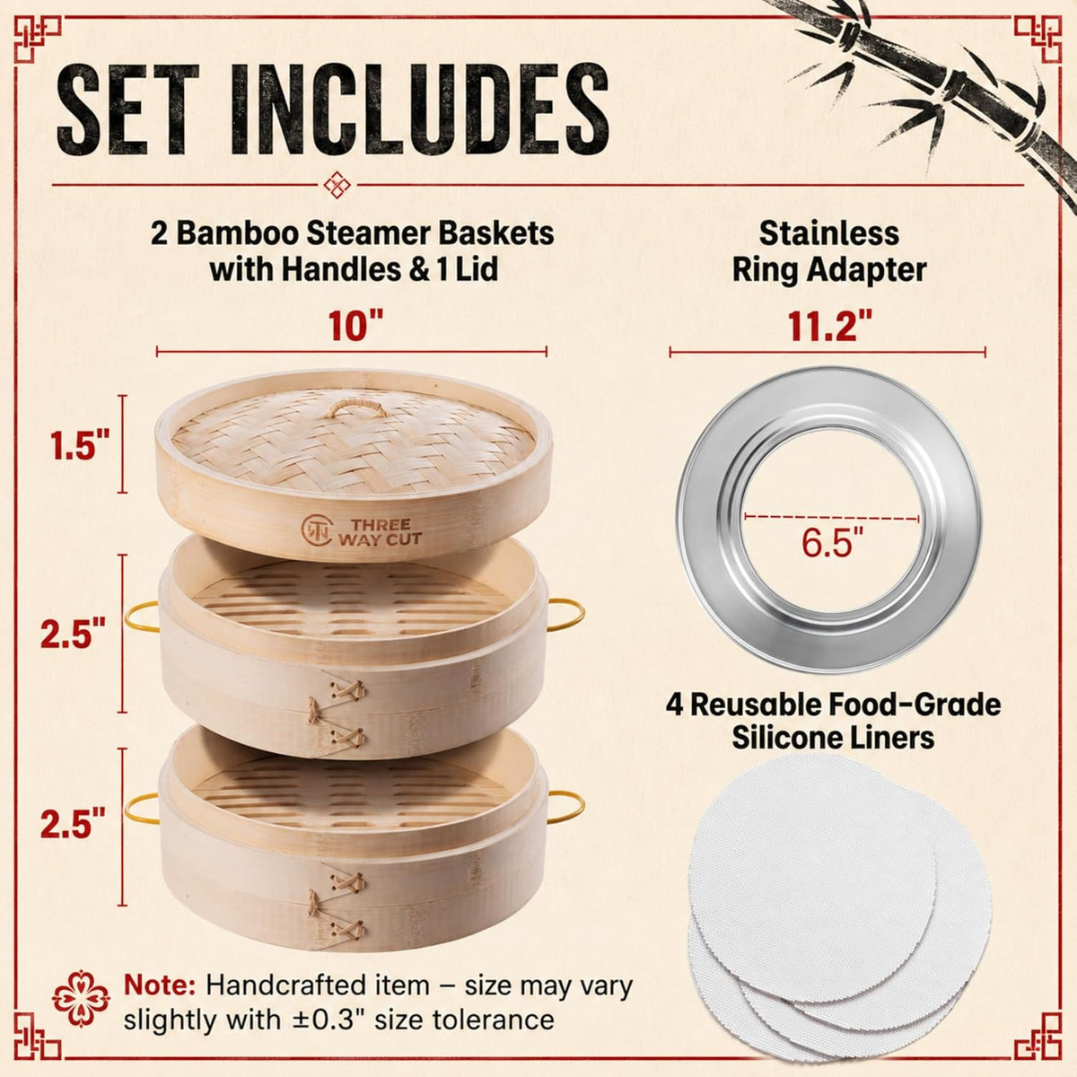 Bamboo Steamer Basket 10 Inch Extra Deep Easy Lift Handles Dumpling Steamer