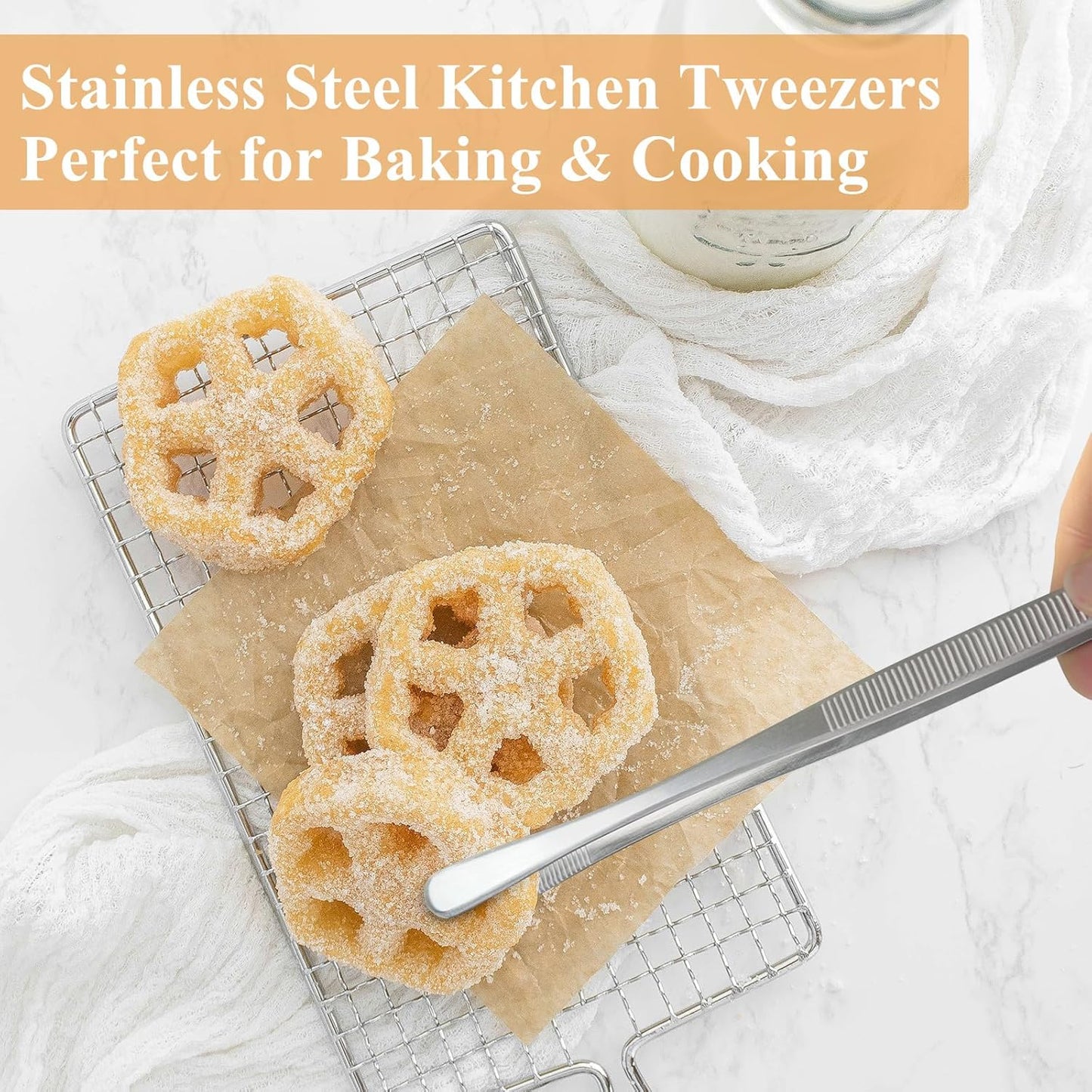 10-Inch Cooking Tweezers Pasta Tongs, Stainless Steel Kitchen Tweezer Tongs Culinary Food Tweezers for Cooking & Baking (Sliver)