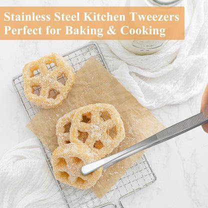 10-Inch Cooking Tweezers Pasta Tongs, Stainless Steel Kitchen Tweezer Tongs Culinary Food Tweezers for Cooking & Baking (Sliver)
