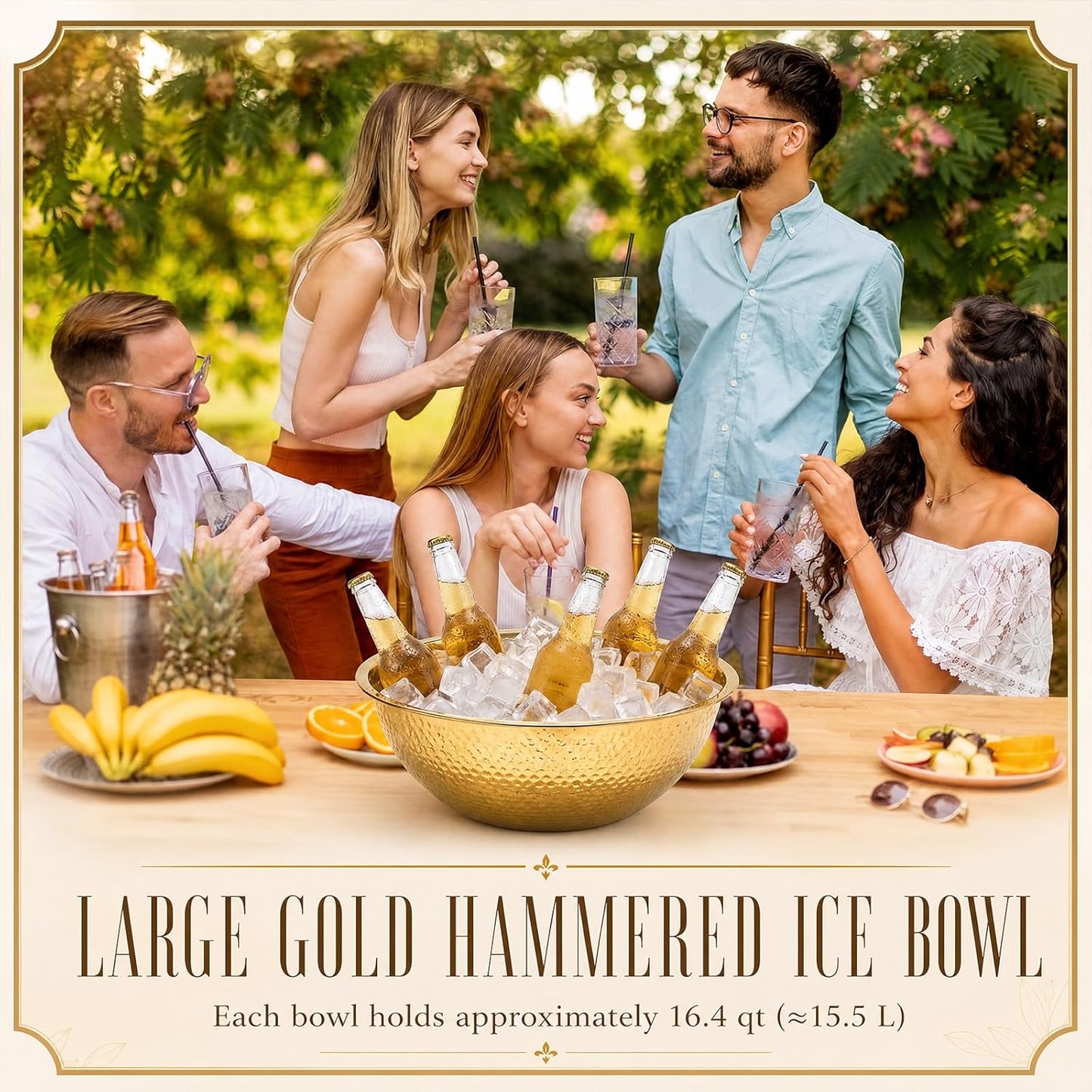 2 Pcs Large Gold Hammered Stainless Steel Beverage Tub 15.35x5.12 Inch, 16.4 Qt Leak-proof Ice Bucket for Parties, Champagne Wine Chiller Bowl, Luxury Drink Cooler for Wedding, Mimosa Bar