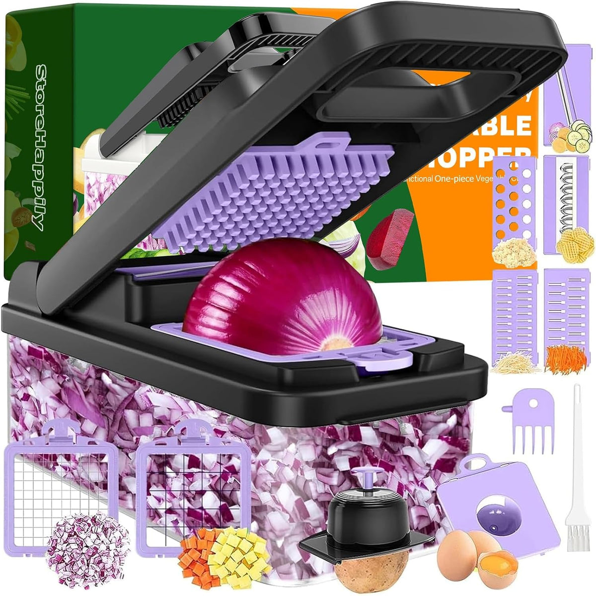 12-in-1 Vegetable Chopper 7 Blades, Veggie Cutter with Handle, Black/White