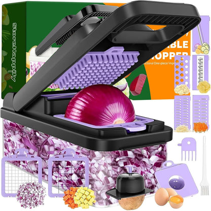 12-in-1 Vegetable Chopper 7 Blades, Veggie Cutter with Handle, Black/White
