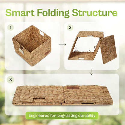 Storage Baskets for Shelves Set of 3, Open-Top Wicker Storage Bins with Handles, Shelf Organizer Baskets for Pantry, Closet & Bathroom, Water Hyacinth Baskets with Tissue Box Cover