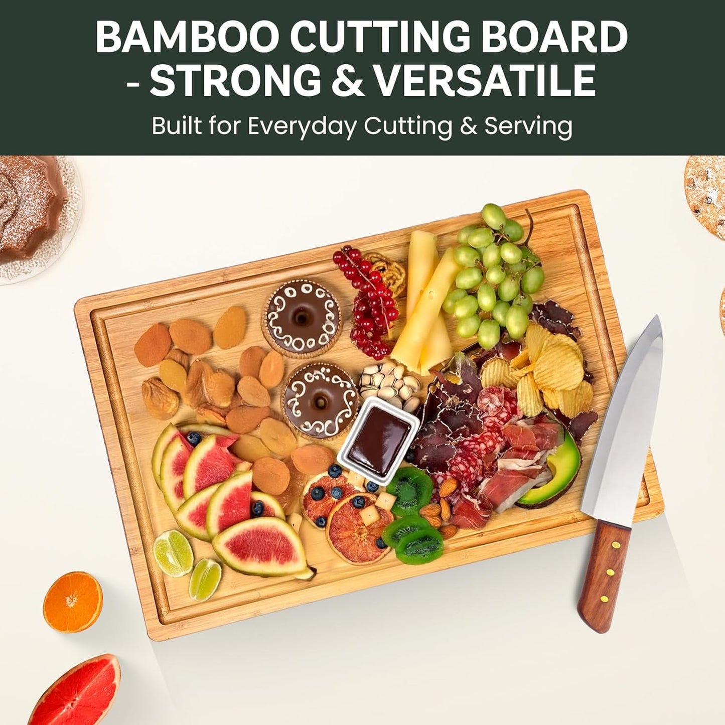 Bamboo Cutting Board Set for Kitchen - 3 Piece Reversible Wooden Cutting Boards, Wood Chopping Boards for Meat, Bread, Fruit, Cheese, Meal Prep, Wood Board and Charcuterie Serving Boards by Bambusi