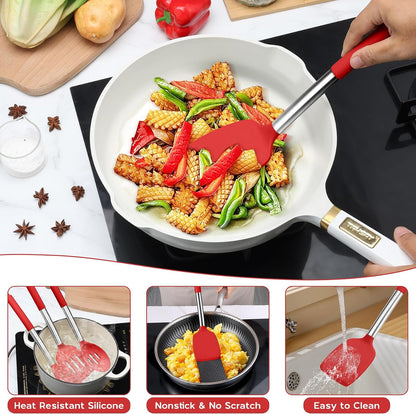 Onader Kitchen Utensils Set, 15 Pcs Silicone Cooking Utensils Set with Holder and Heat Resistant Stainless Steel Handle for Nonstick Cookware - Black