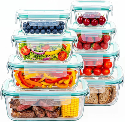 8 Pack Glass Meal Prep Containers with Lids, Glass Food Storage Containers with Snap Locking Lids, Airtight Lunch Containers for Microwave, Oven, Freezer and Dishwasher BPA Free (Green)