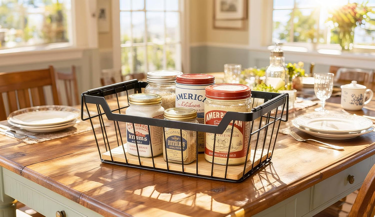 ShabbyDecor Metal Wire Basket with Handles Storage Organizer Stackable Organizing bin for Cabinet Shelf Countertop Under Sink Pantry for Kitchen,Bathroom,Laundry Closet, 1 Pack