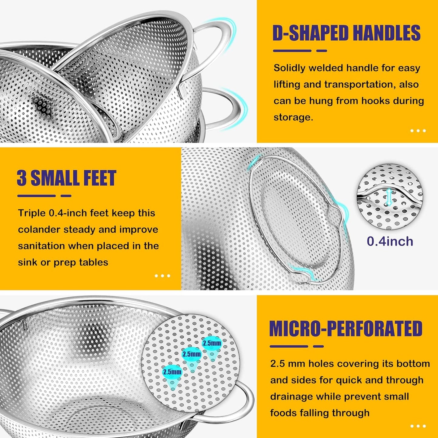 E-far Stainless Steel Colander Set of 3 (1-3-5Quart), Micro-Perforated Metal Colander Strainer with Handle for Kitchen/Draining Pasta/Rinsing Vegetables Fruits, Heavy Duty & Dishwasher Safe