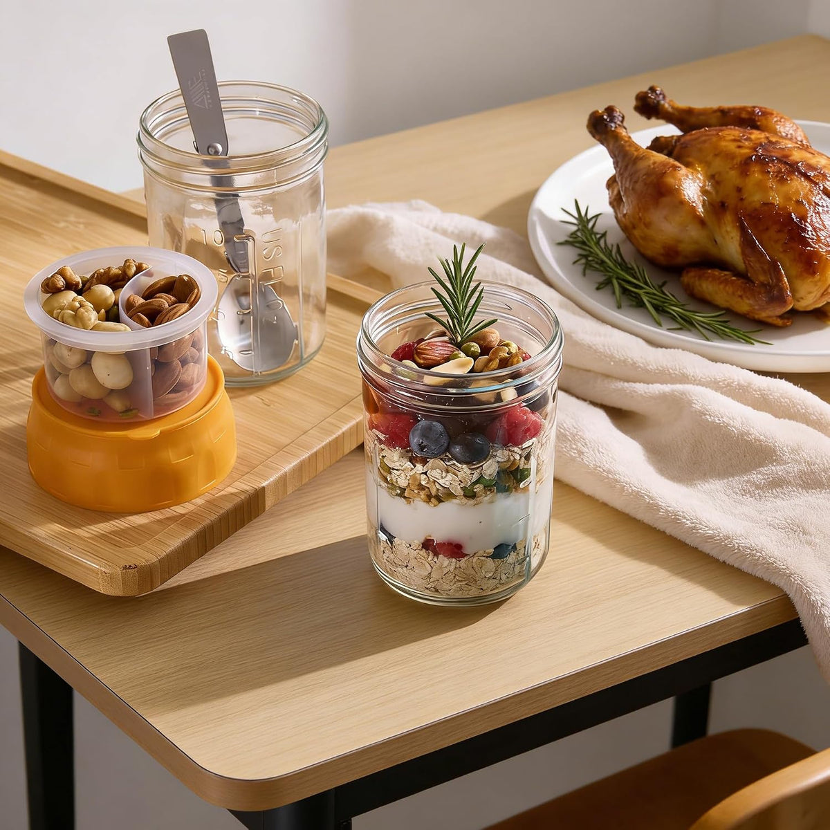 Overnight Oats Containers with Lids, 4 Pack 16 Oz Glass Mason Jars - Leakproof Meal Prep Jars, Separate Compartment, Folding Spoon, Yogurt Parfait Cups, Stackable, BPA Free