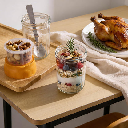 Overnight Oats Containers with Lids, 4 Pack 16 Oz Glass Mason Jars - Leakproof Meal Prep Jars, Separate Compartment, Folding Spoon, Yogurt Parfait Cups, Stackable, BPA Free
