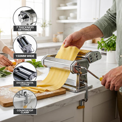 OVENTE Pasta Maker Machine with 7 Adjustable Settings, Silver PA515S