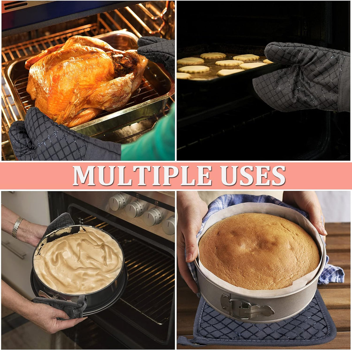 4 Pcs Oven Mitts and Pot Holders,500°F High Heat Resistant Kitchen Oven Mitts with Pot Holders,Long Oven Mitts with Recycled Cotton Infill and Silicone Non-Slip Surface for Baking and Cooking(Grey)