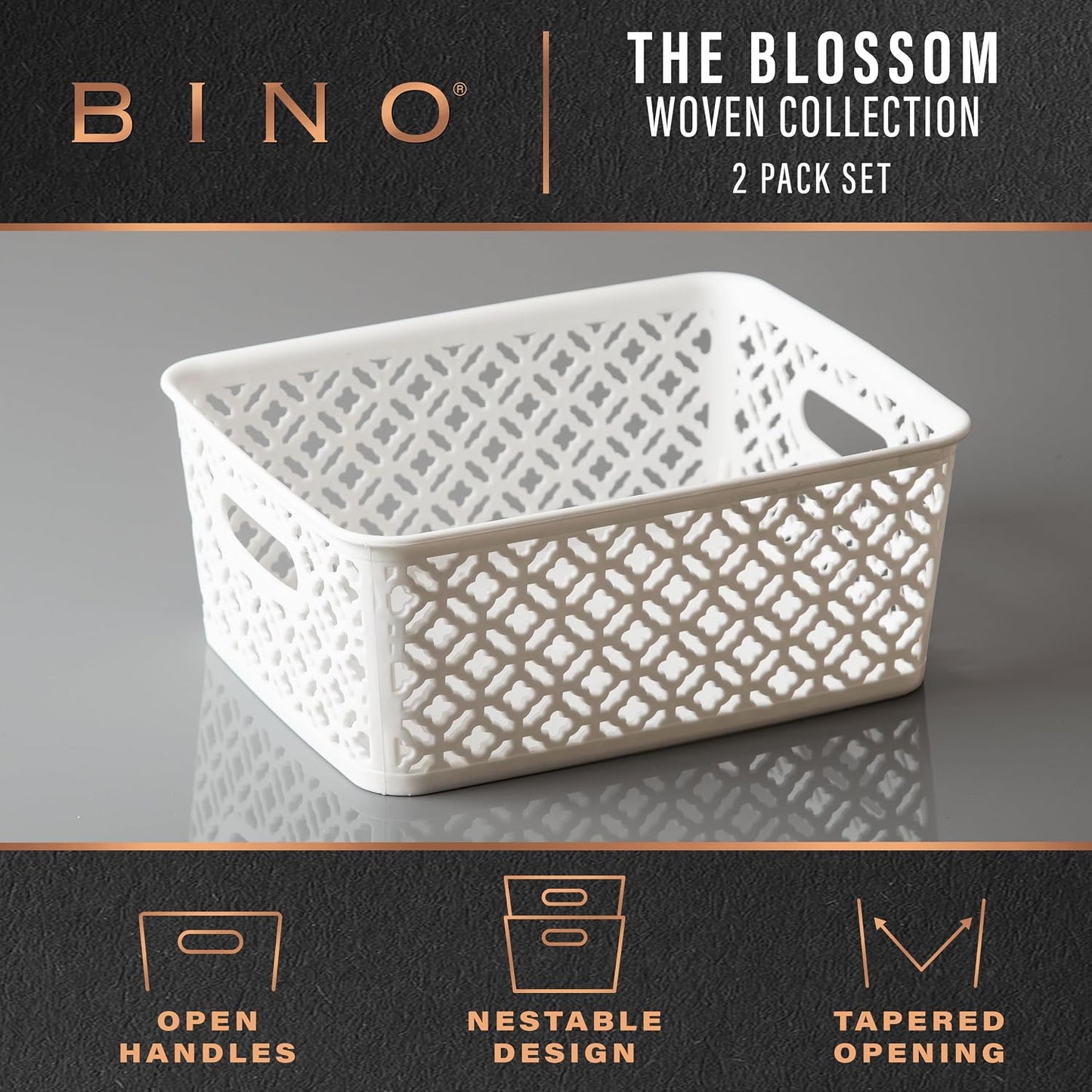 BINO l Plastic Storage Baskets, Large - Grey l THE BLOSSOM COLLECTION l Multi-Use Organizer Bin l Built-in Handles l Plastic Woven Basket for Organizing l Pantry & Home Organizing Basket