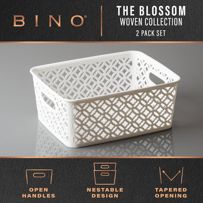 BINO l Plastic Storage Baskets, Large - Grey l THE BLOSSOM COLLECTION l Multi-Use Organizer Bin l Built-in Handles l Plastic Woven Basket for Organizing l Pantry & Home Organizing Basket
