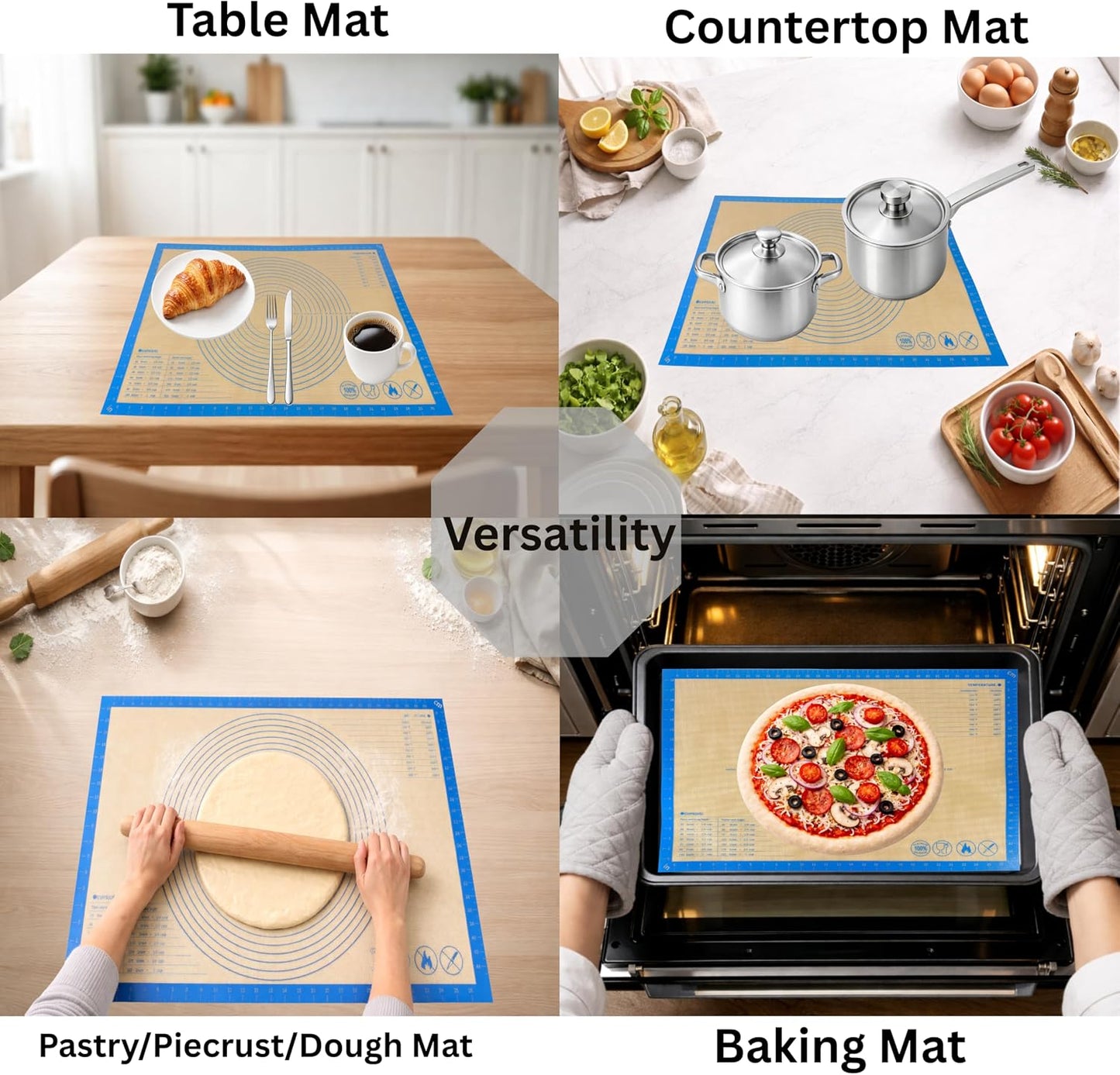 Silicone Pastry Mat with Measurements, 28 x 20 Inch Extra Thick Non-Slip Nonstick XL Baking Mat for Dough Rolling, Kneading, Fondant and Pie, Red