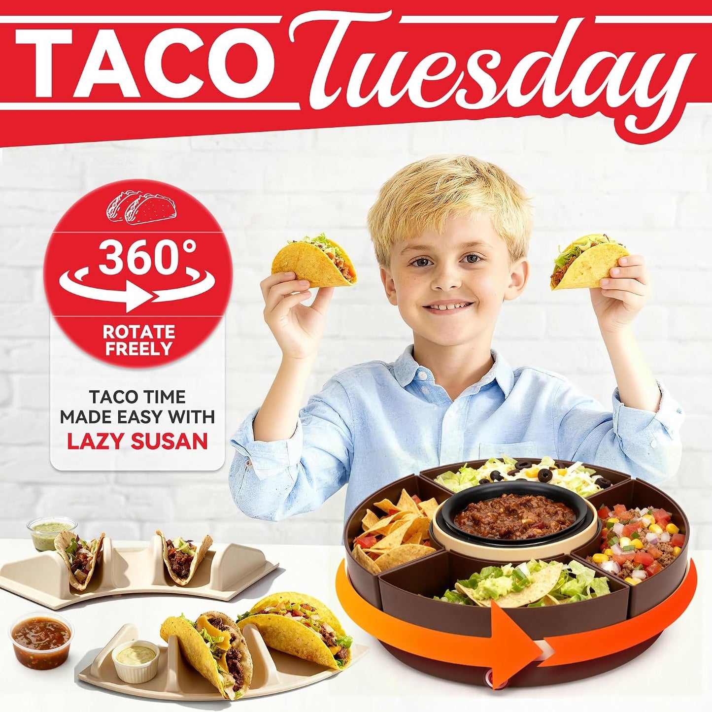 SugarWhisk Lazy Susan Taco Bar & Condiment Containers with Lids, 4 Taco Holders for Taco Tuesday Kit, Fondue Pot for Taco Bell Sauce, Burritos, Nachos, and Fajitas, Brown