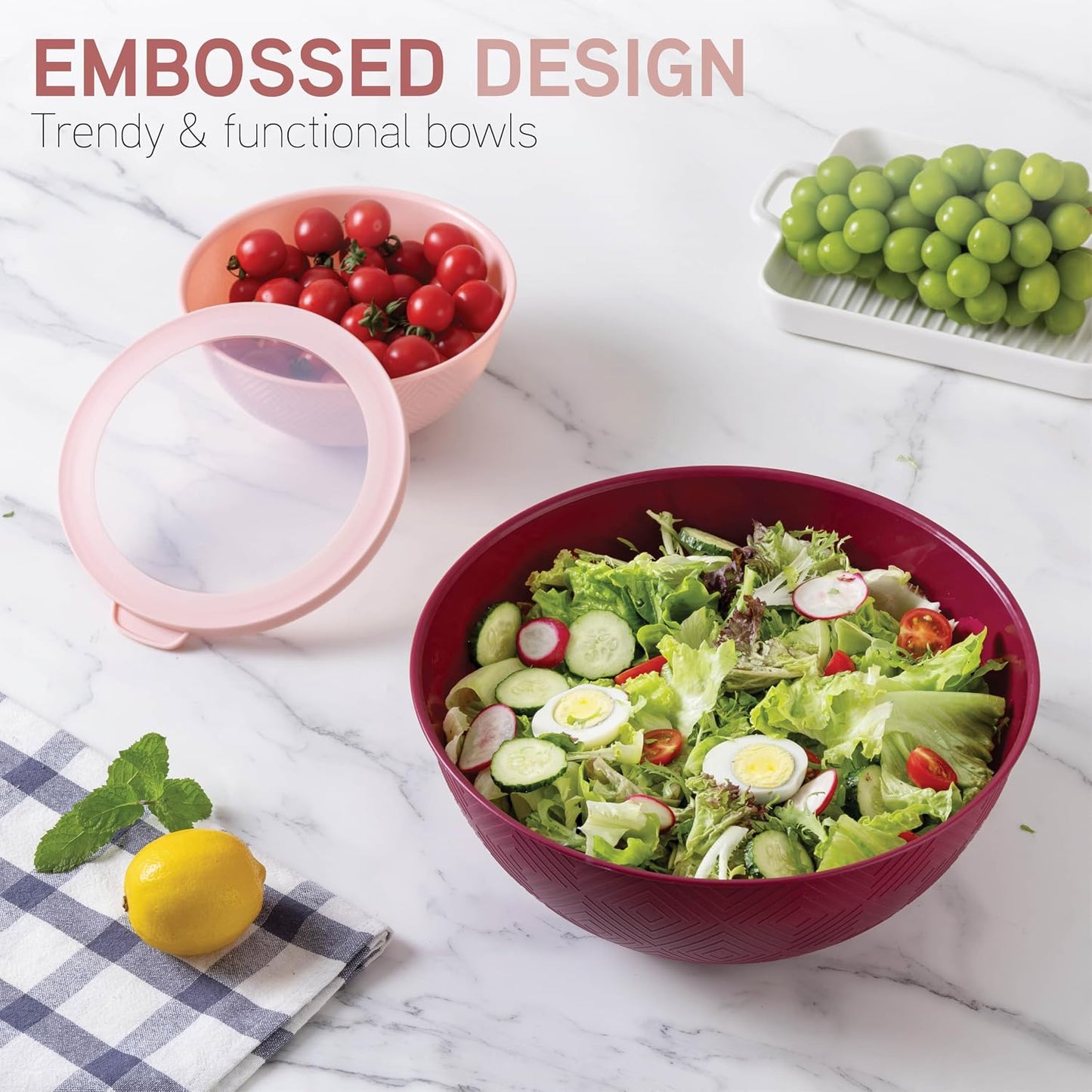 COOK WITH COLOR Mixing Bowls with Lids - 12 Piece Plastic Nesting Bowls Set includes 6 Prep Bowls and 6 Lids, Microwave Safe Mixing Bowl Set, Pink Embossed - Colors B