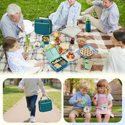 MAISON HUIS Bento Box for Kids with 8oz Soup Thermo, Leak-proof Lunch Food Containers with 5 Compartment, Insulated Lunch Bag & 17oz Stainless Steel Water Bottle for School, Trvael