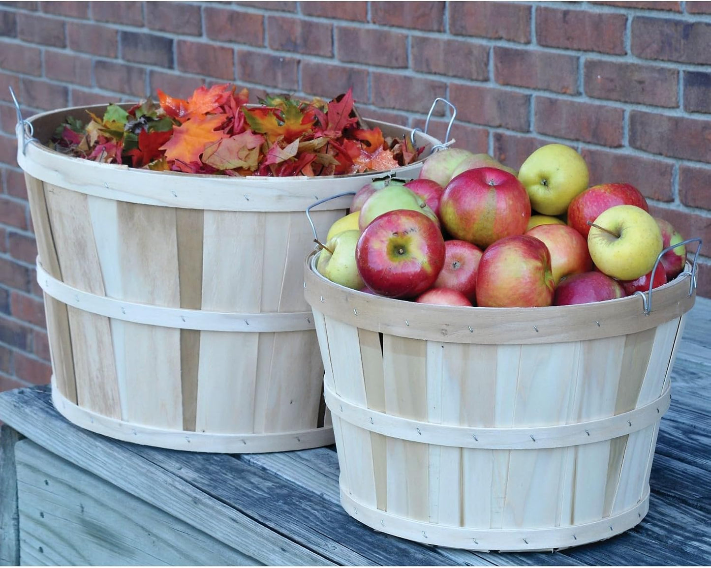 Lehman's Handcrafted Storage Baskets, Vintage Style USA Made Poplar Wood with Wire Handles, Set of 2 with One Bushel and One Half Bushel Basket