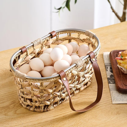 Egg Baskets for Collecting Fresh Eggs Farmhouse Handmade Wicker Hyacinth Egg Collecting Basket with Handle