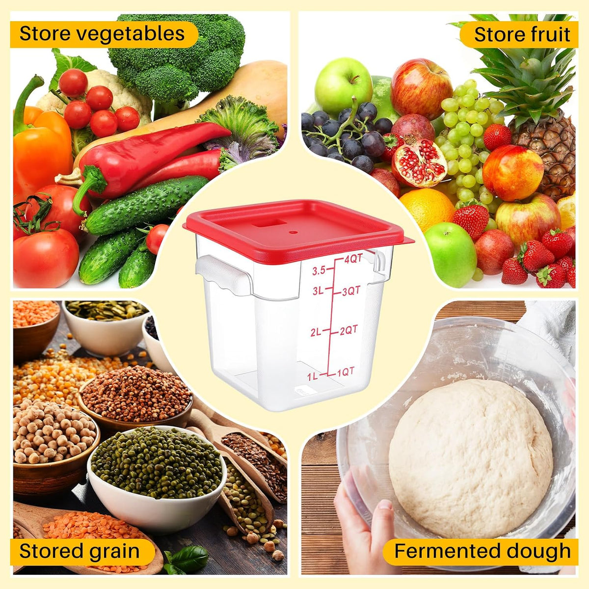 Ziliny 1 Pcs 4 Qt Clear Square Dough Proofing Container with Lid, Red