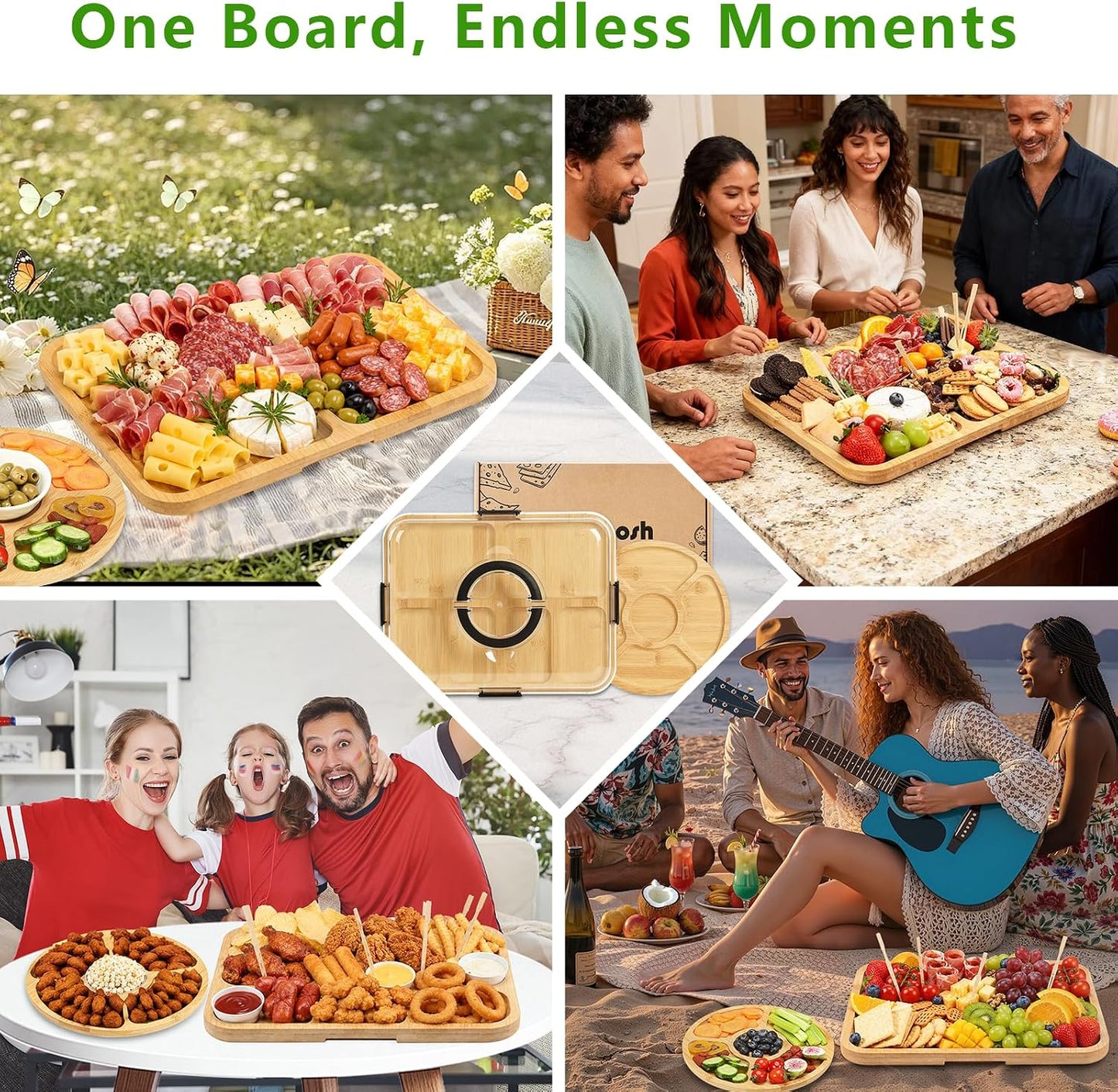 SAKAMOSH Charcuterie Board with Lid and Handle, Portable Travel Bamboo Cheese Board Set with Cheese Knife Set, Gift for Housewarming, Picnic, Gathering (15"x11" Board & 10" Round Board)