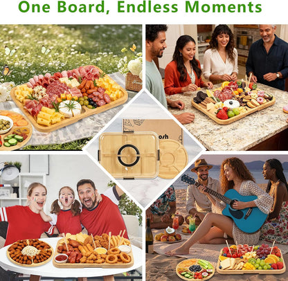 SAKAMOSH Charcuterie Board with Lid and Handle, Portable Travel Bamboo Cheese Board Set with Cheese Knife Set, Gift for Housewarming, Picnic, Gathering (15"x11" Board & 10" Round Board)