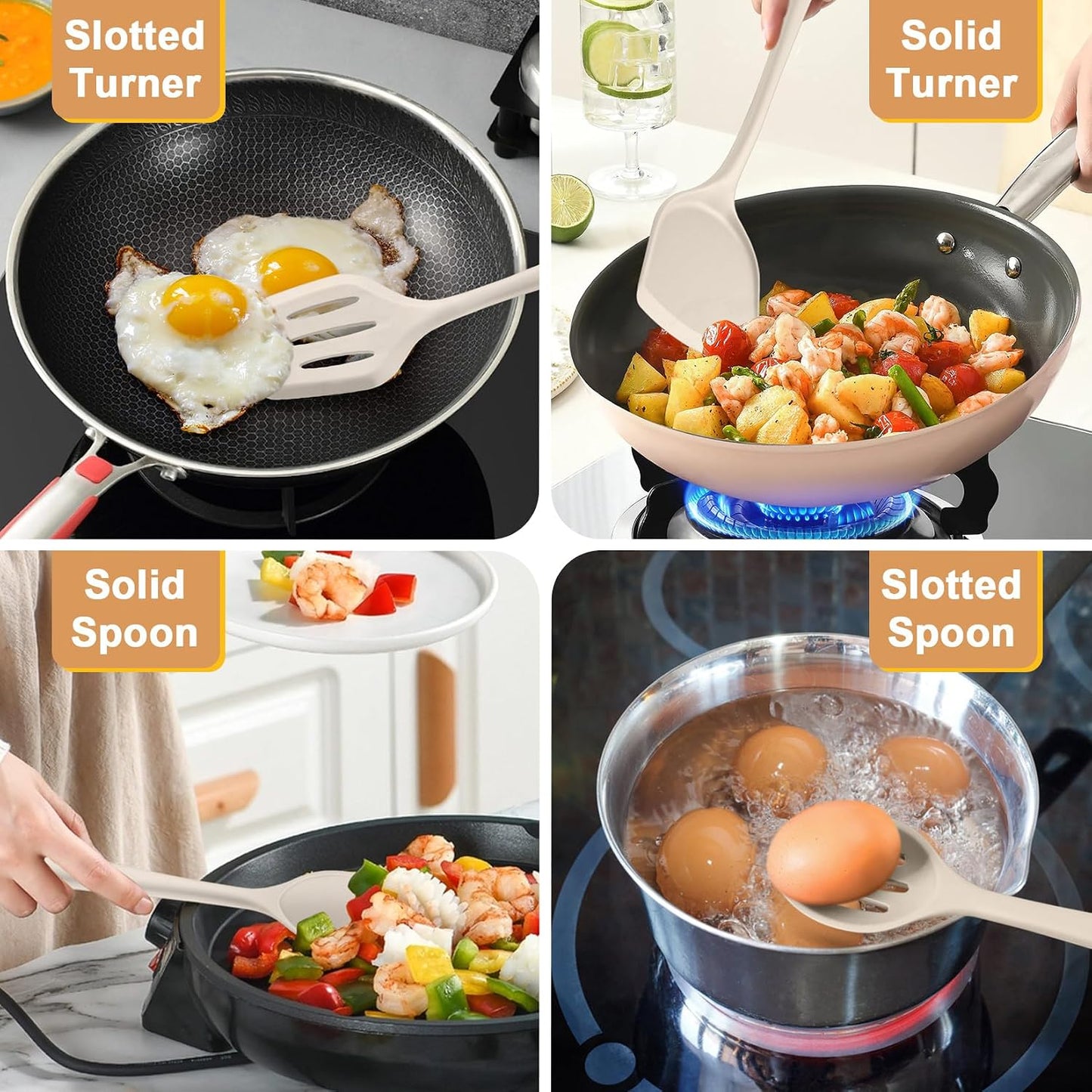 P&P CHEF Kitchen Utensil Set, 4 Pieces Non-stick Silicone Cooking Utensils, Heat-resistant Slotted Solid Spoon Turner for Frying, Mixing, Serving, Non-toxic & Easy to Clean, Blue