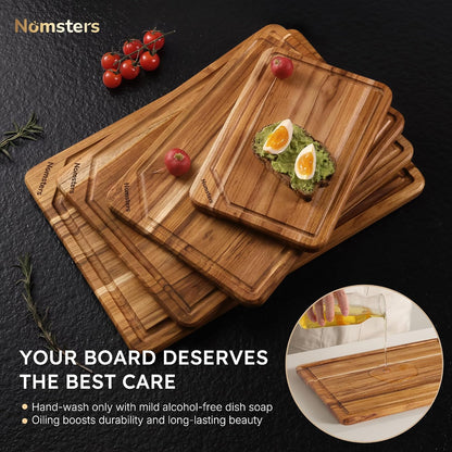 3 Pack Teak Wood Cutting Board Set for Kitchen Charcuterie Board Serving Heavy Duty Non Toxic Slip Hardwood Over Sink Solid Thick Haus Wooden Chopping Board Large Big Small Meat Best Essential Gift