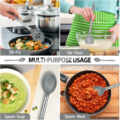 Pack of 4 Large Silicone Cooking Spatulas and Spoons, Slotted and Solid Stainless Steel Cooking Utensils Set, Non-stick Heat Resistant Kitchen for Baking, Fried, Stir-Fry, Mixing, Serving (Black)