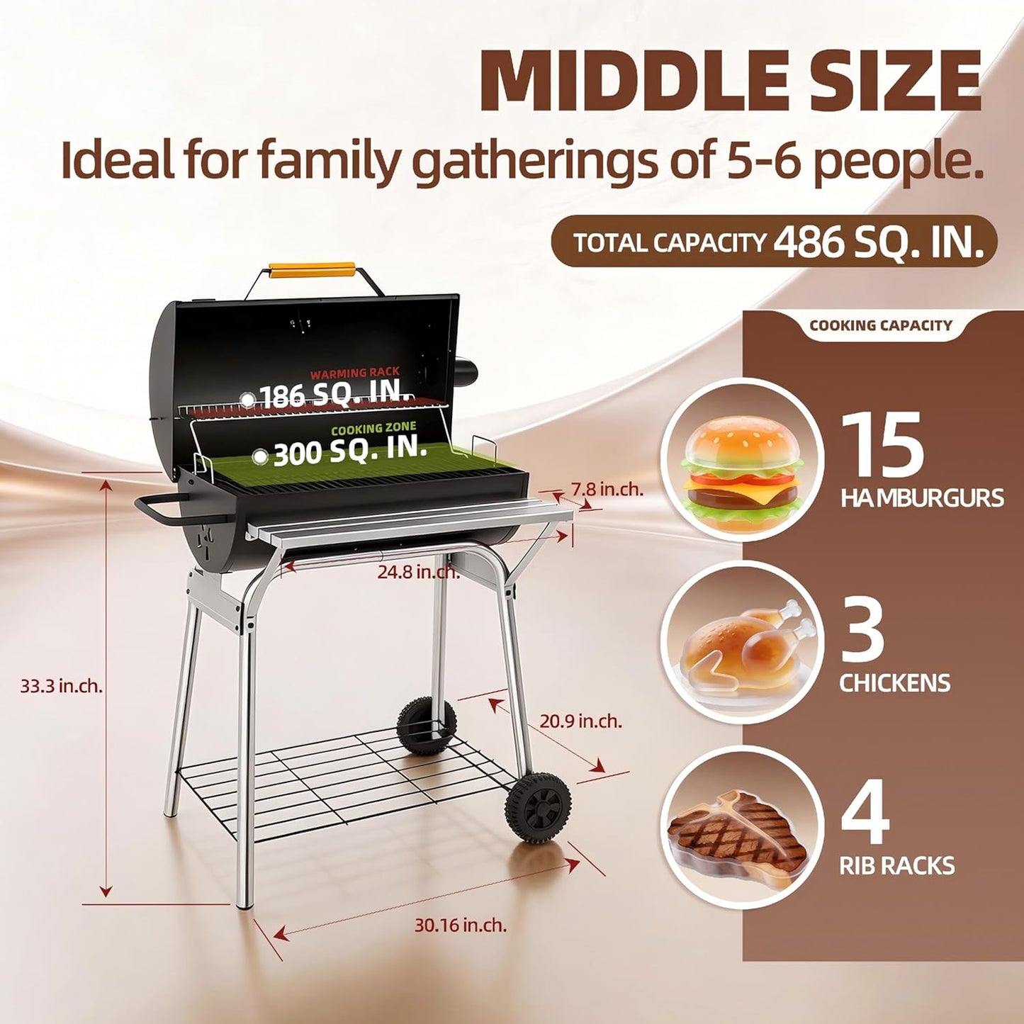 Barrel Charcoal Grill, Outdoor BBQ Smoker, 737 Sq. In. Cooking Area, Adjustable Charcoal Pan, Warming Rack, Front & Side Table, Storage Shelf, Enameled Steel Wire, Backyard, Patio (Large)