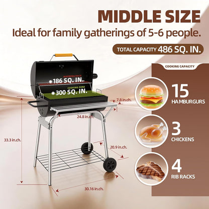 Barrel Charcoal Grill, Outdoor BBQ Smoker, 737 Sq. In. Cooking Area, Adjustable Charcoal Pan, Warming Rack, Front & Side Table, Storage Shelf, Enameled Steel Wire, Backyard, Patio (Large)