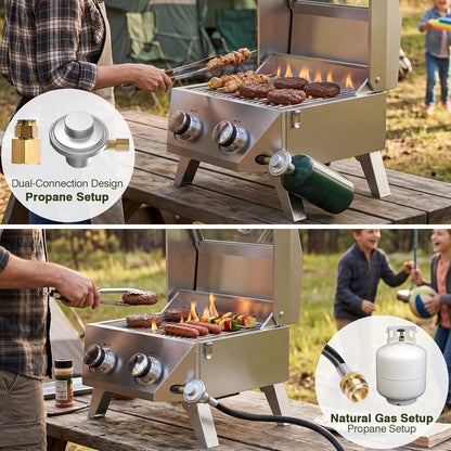 BESTFIRE 2-Burner Tabletop Propane Grill with Foldable Grill Cart, Portable Gas BBQ Station with Wheels & Prep Table, Dual-Fuel Setup for 1lb & 20lb Tanks, Stainless Steel Outdoor Kitchen for Camping
