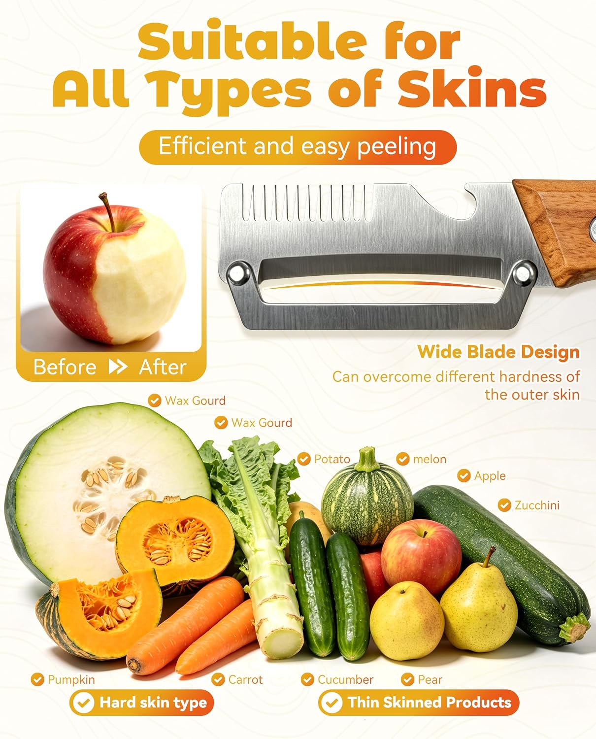 Shredder - 3-in-1 Multifunctional Vegetable Peeler with Bottle Opener & Julienne Shredder, Wide Stainless Steel Blade and Non-slip Wooden Handle, Peeler Knife for Fruits, Vegetables (1pcs)