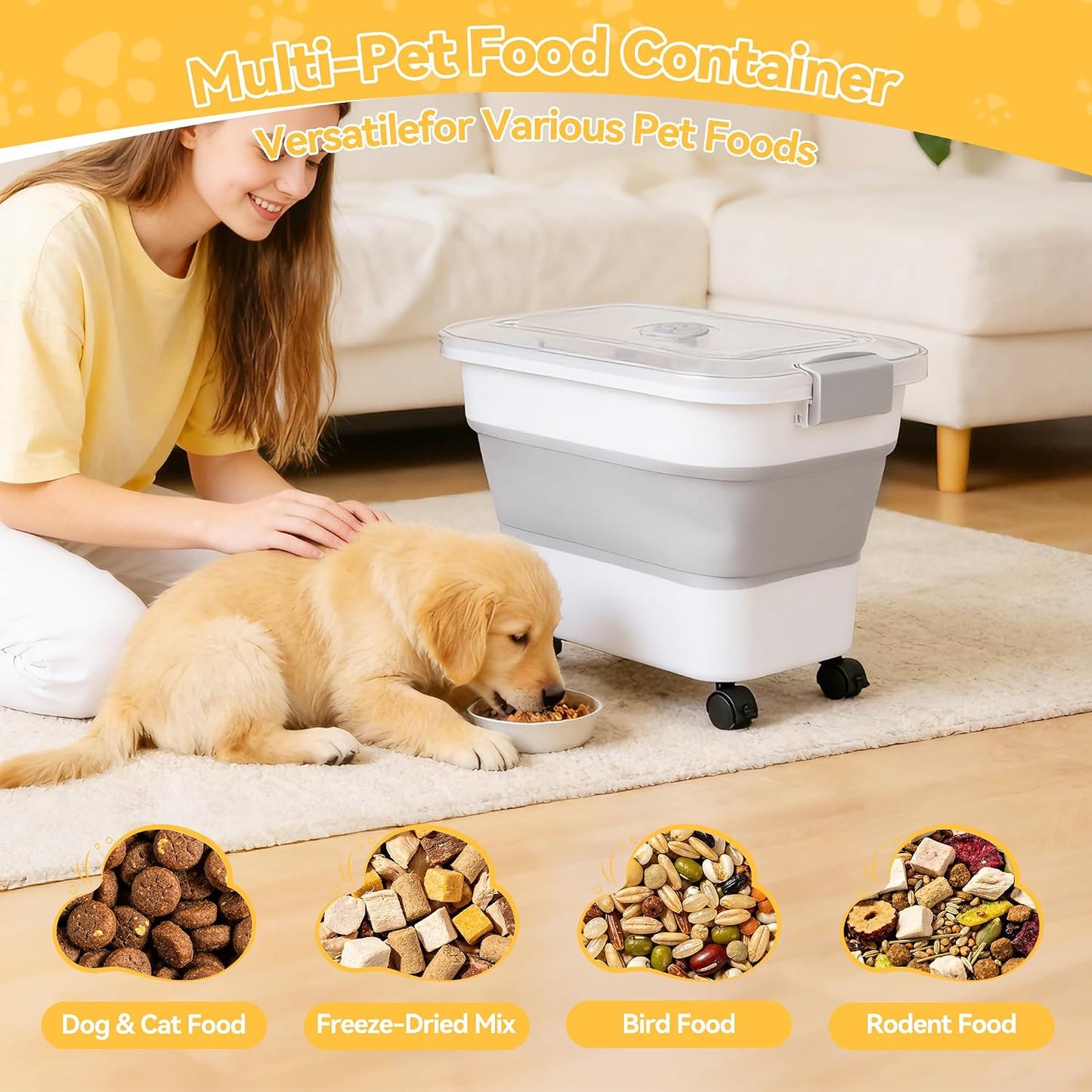 Dog Food Storage Container 20-25lbs, Airtight Pet Food Bin with Locking Lid & Clear Window, Collapsible Rolling Storage Container with Wheels & Scoop, Black