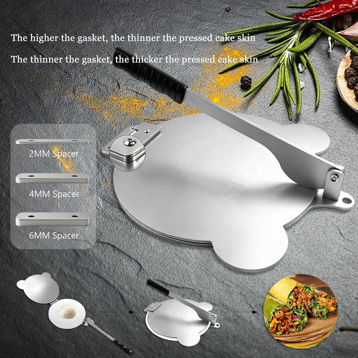 Tortilla Press Stainless Steel，SELERS,Heavy Duty, Adjustable To Press Different Thickness Of Crust, Removable, For Flour Tortilla, Roti, Flatbreads, Taco, Pie, Silver (10.5 inch)