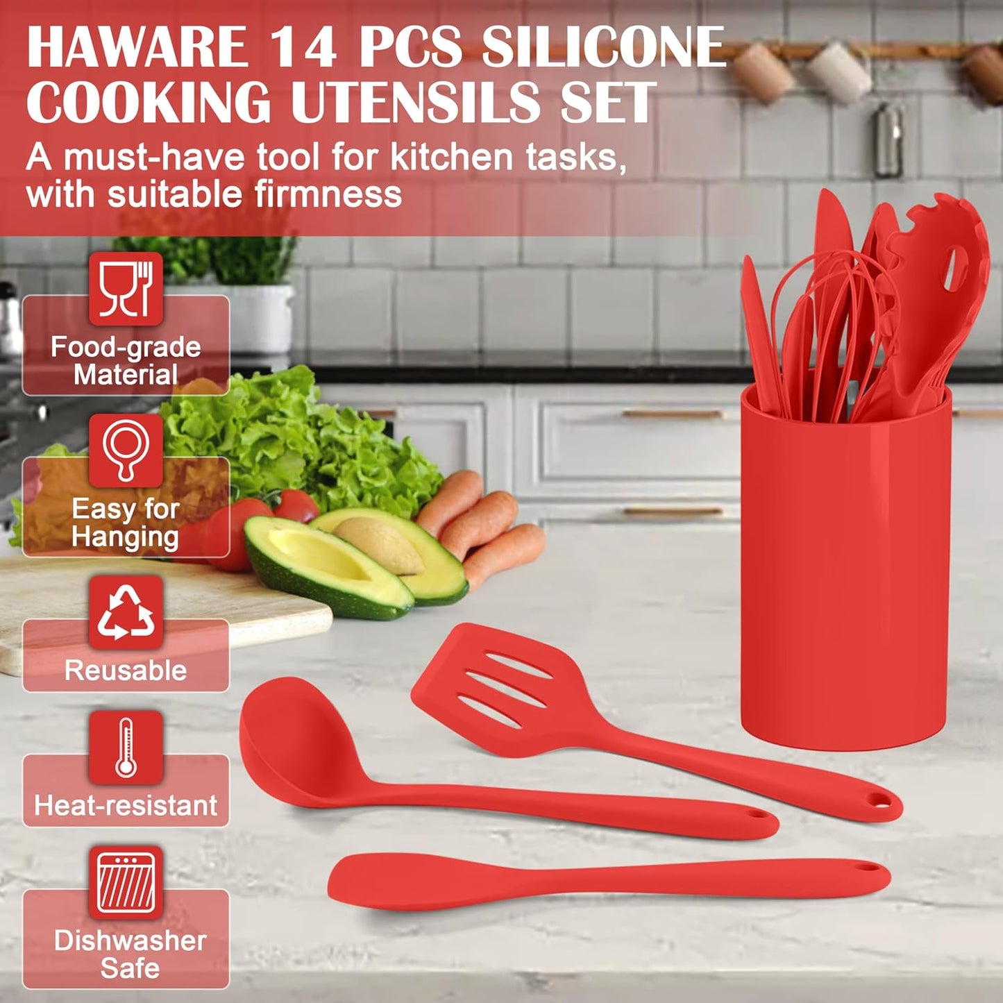 HaWare Kitchen Utensils, 14 PCS Silicone Cooking Utensils Set, Heat Resistant Kitchen Utensils for Non-stick Cookware, Kitchen Gadgets Tools with Spoons, Spatulas, Whisk, Dishwasher Safe (Black)