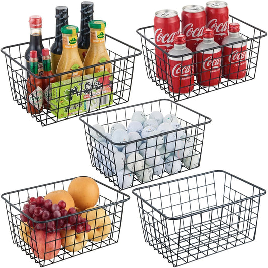JUNCHU CHERRY Wire Kitchen Storage Basket 3 Packs,Perfect Pantry Organization Accessories Baskets,Laundry Basket,Countertop Organization,Suitable for Kitchen,Bathroom,Bedroom,Tabletop,Stackable,Black