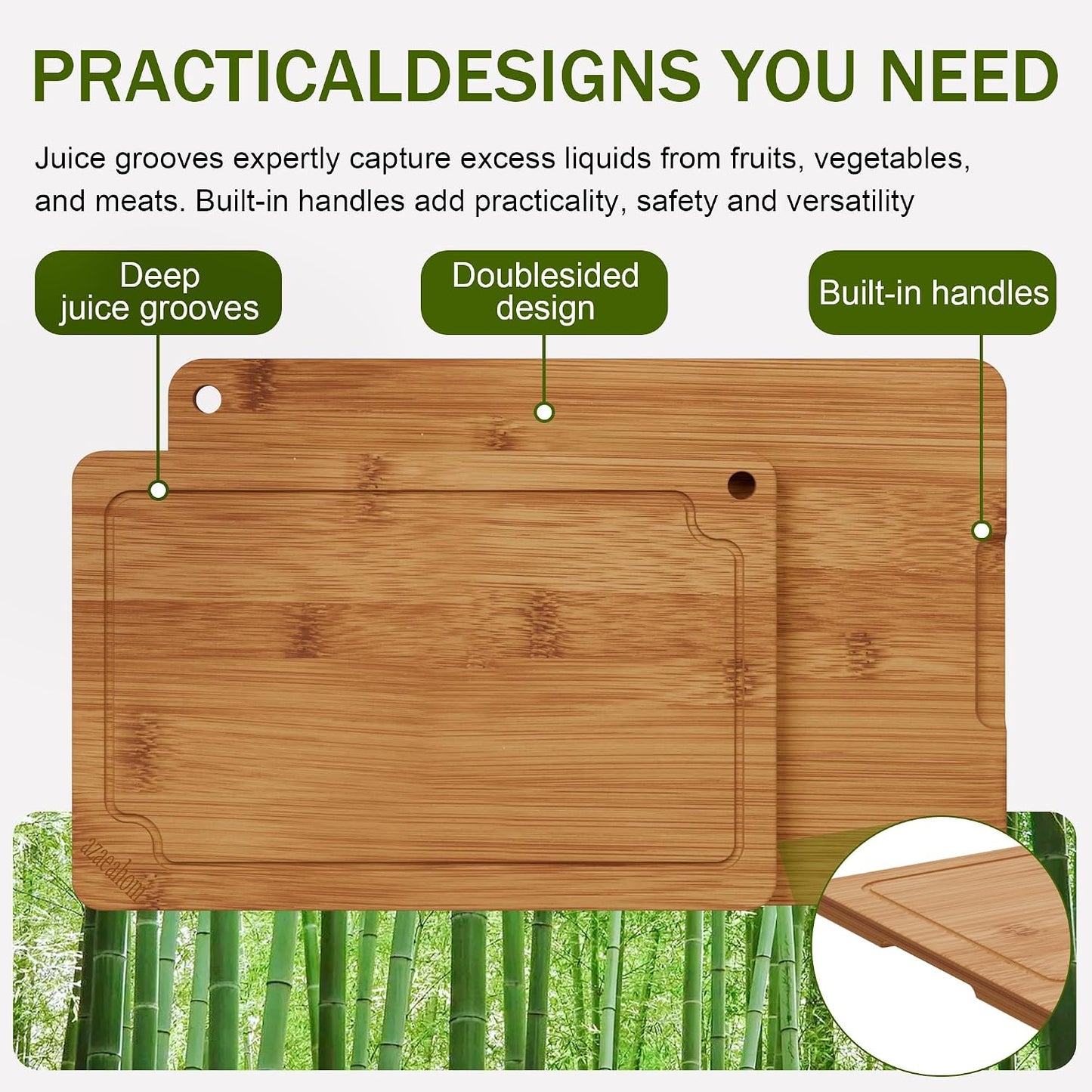 Bamboo Cutting Boards for Kitchen, Wood Cutting Board Set with Juice Grooves & Built-in Handles, Large Medium Small Chopping Board for Meat, Vegetables, Fruit