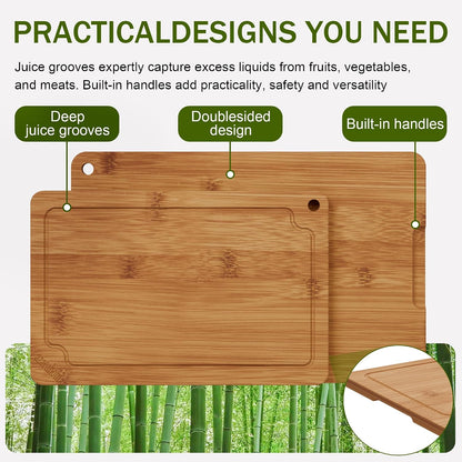 Bamboo Cutting Boards for Kitchen, Wood Cutting Board Set with Juice Grooves & Built-in Handles, Large Medium Small Chopping Board for Meat, Vegetables, Fruit